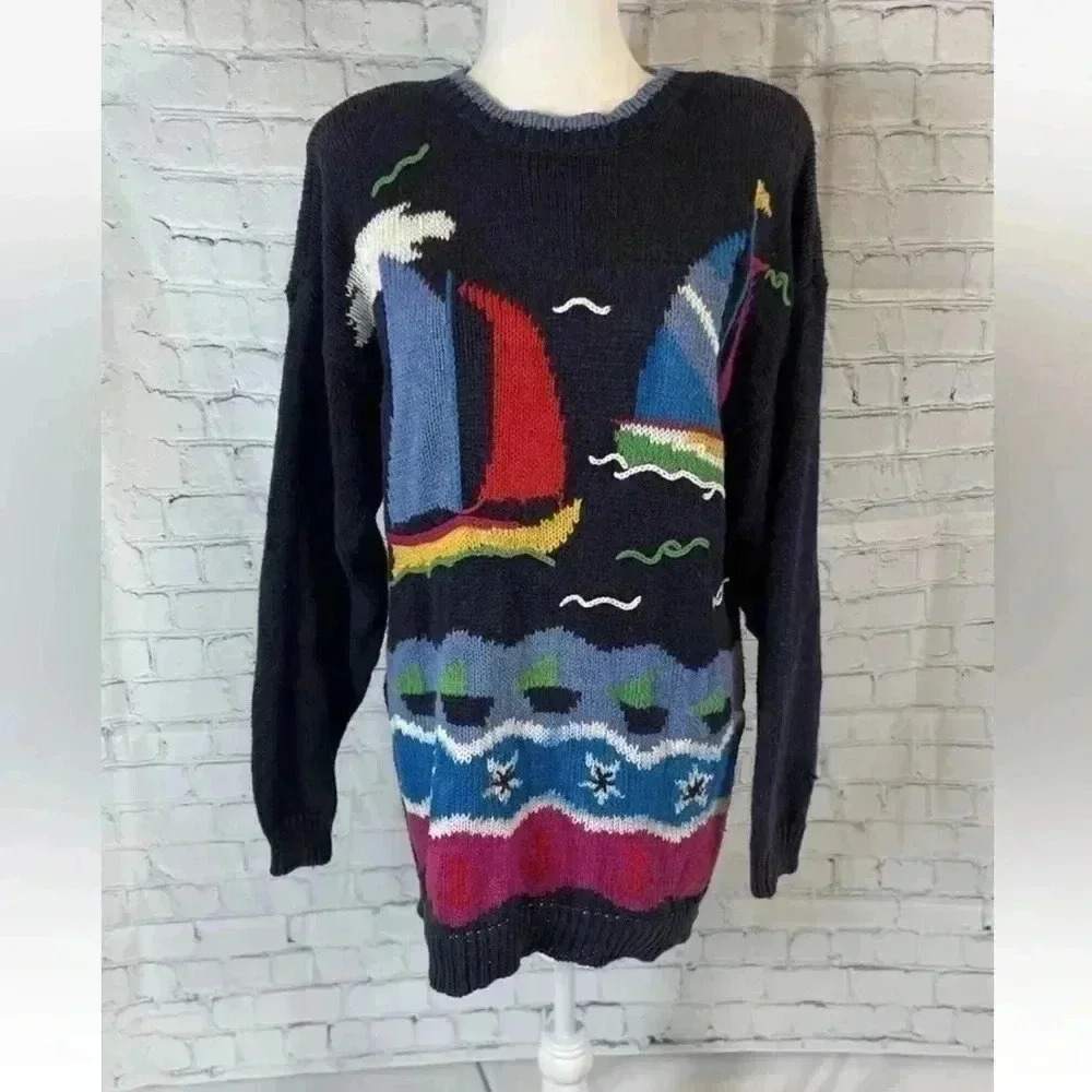 Vintage Best American Clothing Co Sweater Women’s M Knit Sailboat 90s Oversized‎